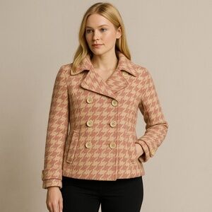 COFFEESHOP Pink Houndstooth Wool Pea Coat Retro Glam Twee Medium M